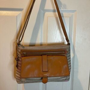 Fossil kinley Cotton stripes beige and taupe leather tan trims crossbody bag.